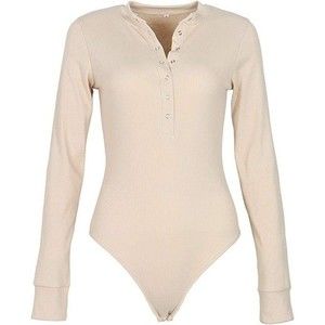 New GEMBERA Women Front Button, Long Sleeve Ribbed Bodysuit, Small, Color Beige‎